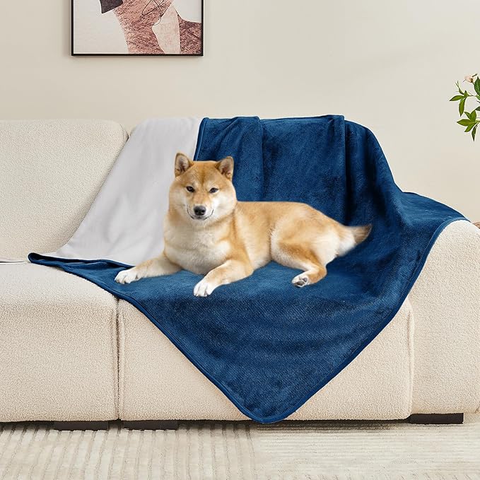 Yaning Waterproof Blanket 80"x90" for Adults, Reversible Waterproof Bed Cover for Dogs Cats Pets, Soft Leakproof Blanket for Bed Couch Sofa Furniture Protector, Navy Blue/Light Grey