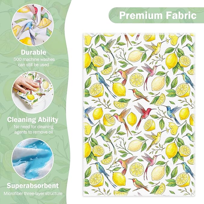 Ruirichfun Lemon Kitchen Towels,Set of 2 Spring Dish Towels for Kitchen Cute Lemon Flower Decoration Towels Microfiber Absorbent Reusable Cloth Dish Towel for Decorative Housewarming Vintage Design