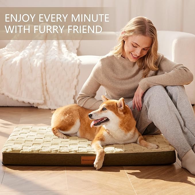 Patas Lague Orthopedic XL Dog Bed Large Sized Dog 42''X28'', Waterproof Soft Comfortable Egg Crate Foam Large Pet Beds Crate Mat with Removable Washable Cover and Nonskid Bottom, Brown