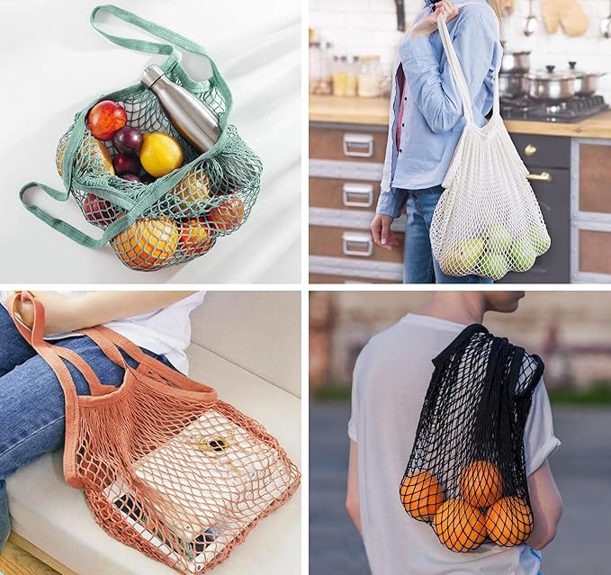 Lemonfilter Mesh Produce Bags, 5 Pack Large Reusable Mesh Grocery Bag Washable Cotton String Organizer Shopping Bags with Handle, Net Tote Bag for Vegetables Fruit Farmers Market Shopping (4 color)