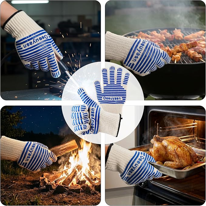 2PCS Super Heat Resistant Oven Gloves, 1472℉ High Temp BBQ Grill Gloves, Silicone Non-Slip Oven Mitts with Fingers, for Barbecue, Grilling, Cooking, Baking