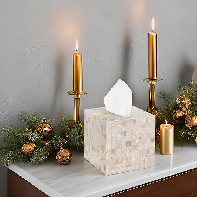 PEMAR Handcrafted Wooden Tissue Box Cover for Small Cube Tissue Boxes Only (Max Inner Size 4.7”) – Mother of Pearl Inlay Decorative Tissue Holder for Bathroom, Living Room & Office (White Sand)