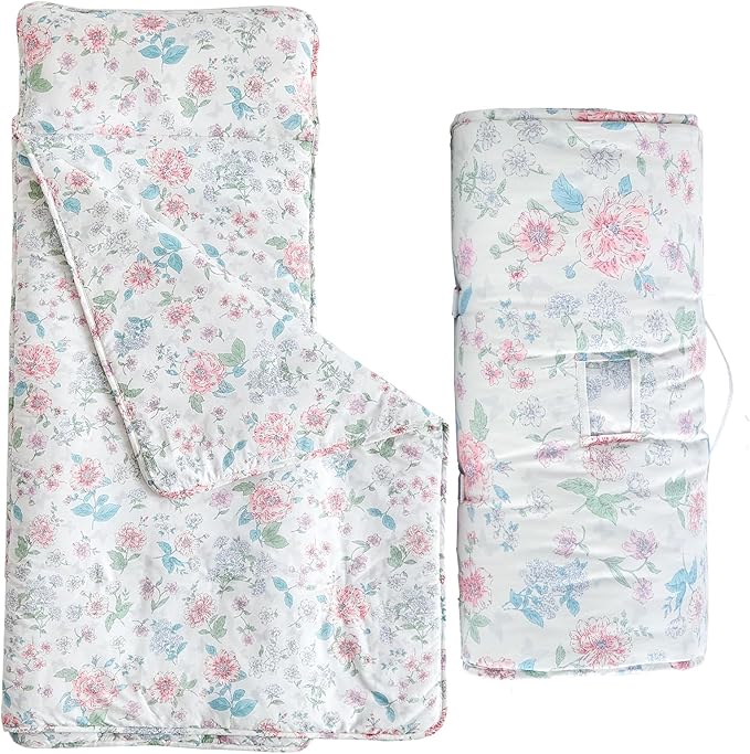 DuShow Cotton Toddler Nap Mat Floral for Girls,Roll Up Slumber Bags,Toddler Nap Mat with Removable Pillow, Kids Sleeping Mat for Daycare and Preschool Kindergarten-Flower
