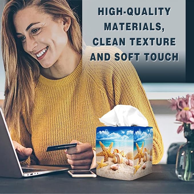 Tissue Box Cover Square Decorative Tissue Box Holder Cute Funny Cube Tissue Case Cover-Starfish Seashell Tissue Box Cover