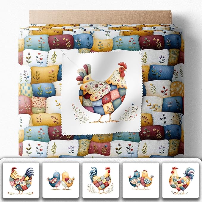 Farmhouse Chicken Patchwork Cotton Fabric Panel – 6 Designs (10×10 inch Each) + Bonus Patchwork Sheet 29.5×19.6 inch, 100% Cotton 140 GSM