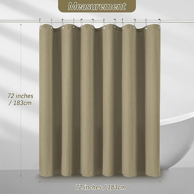 PANGSINNE Taupe Shower Curtain 256GSM Heavy Duty Waffle Woven Bathroom Shower Curtains, Weighted Fabric Shower Curtains for Hotel Spa Luxury Polyester Bath Curtain with 12 Hooks, 72Wx72H