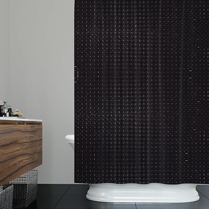 ggaimwf 36x72 Inch Solid Color Shower Curtain for Bathroom Waffle Bath Water Resistant Fabric Curtains Raisin Black Modern Thick Shower Stall Curtain with Metal Hooks