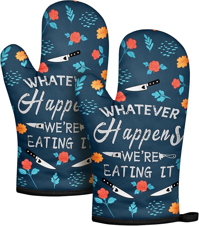 Slohif Funny Oven Mitt Heat Resistant for Women - 2 Pack Blue Cute Novelty Cool Kitchen Oven Mittens with 100% Cotton for Baking and Cooking Accessories
