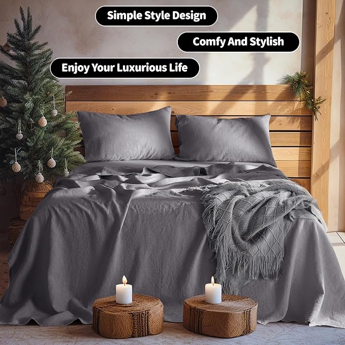 LBRO2M 100% Linen Sheet Set Twin XL Size,Bed Sheets 3 Piece Sets,Solid Color Natural Flax Bed Sheets Soft Breathable Bedding,16" Deep Pocket,All Season (Twin XL, Dark Grey)