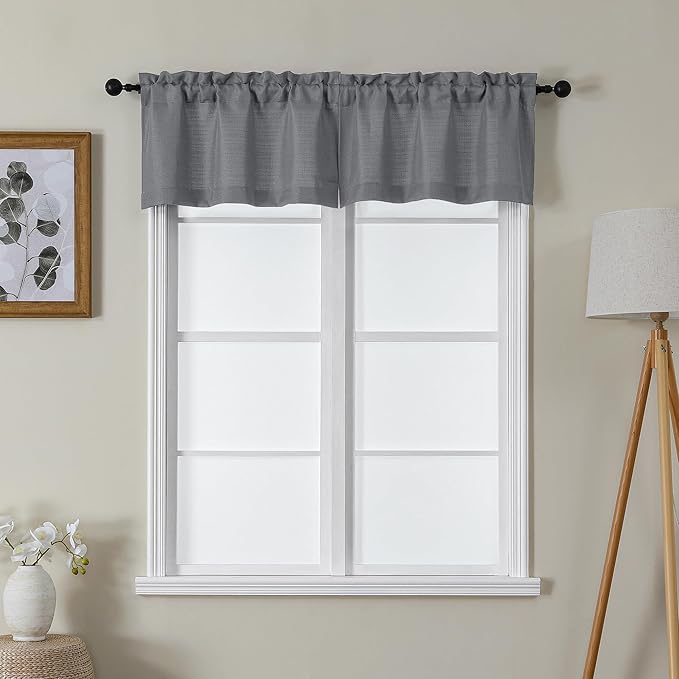 Lecloud Bessie Dark Grey Valance for Windows 14 Inch Length 2 Pcs, Short Cafe Kitchen Curtains with Rod Pocket, Faux Linen Window Valances Curtains for Bedroom Basement Bathroom, Each 30 W x 14 L