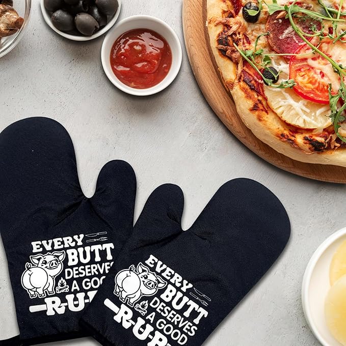 2 Pack Funny BBQ Oven Mitts for Men, Pig Pork BBQ Heat Resistant Silicone Non-Slip Mitts, Christmas Birthday Gifts for Dad Husband, Humor Kitchen Gifts for Men Chef Friend Pig Pork Lovers