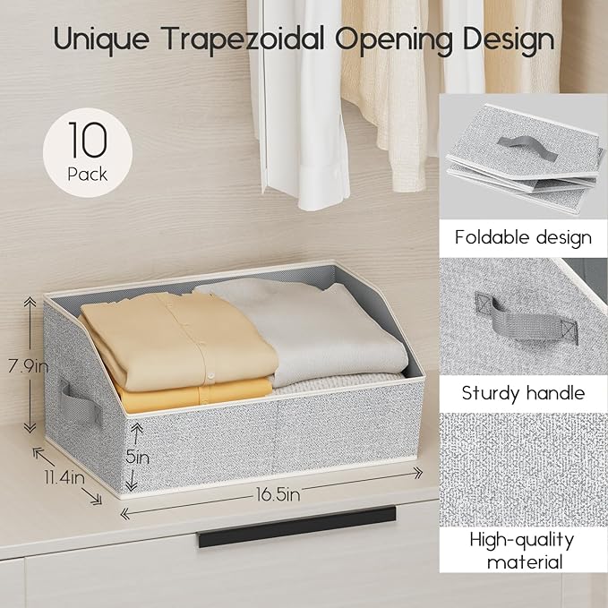 Homsorout Large Closet Organizers and Storage Bins - 10 Pack Trapezoid Storage Baskets for Shelves, Foldable Fabric Baskets with Handles Ideal for Closet, Basket, Wardrobe and Shelf Storage, Beige