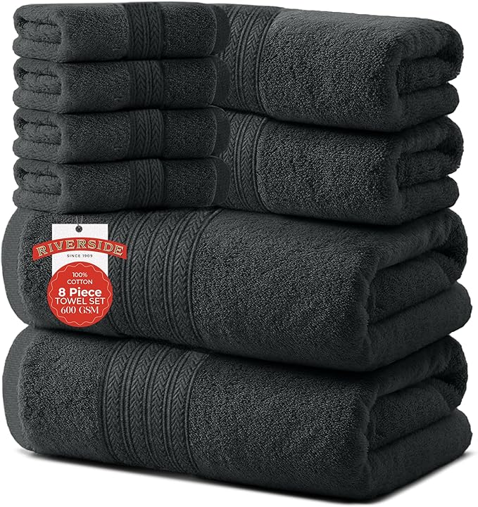 RIVERSIDE Pack of 8 Towels Set, 2 Large Bath, 2 Hand, 4 Face Washcloths, 100% Cotton Hotel Quality, Super Soft, Quick Dry, Highly Absorbent Perfect for Bathroom, Gray