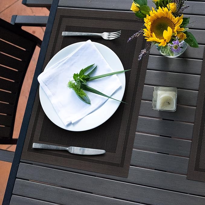 Winknowl Placemats Set of 8，Heat Resistant Woven Vinyl Washable PVC Place Mats，Non-Slip Stain Resistant Indoor/Outdoor Table Mats for Dining Table (Black Brown)