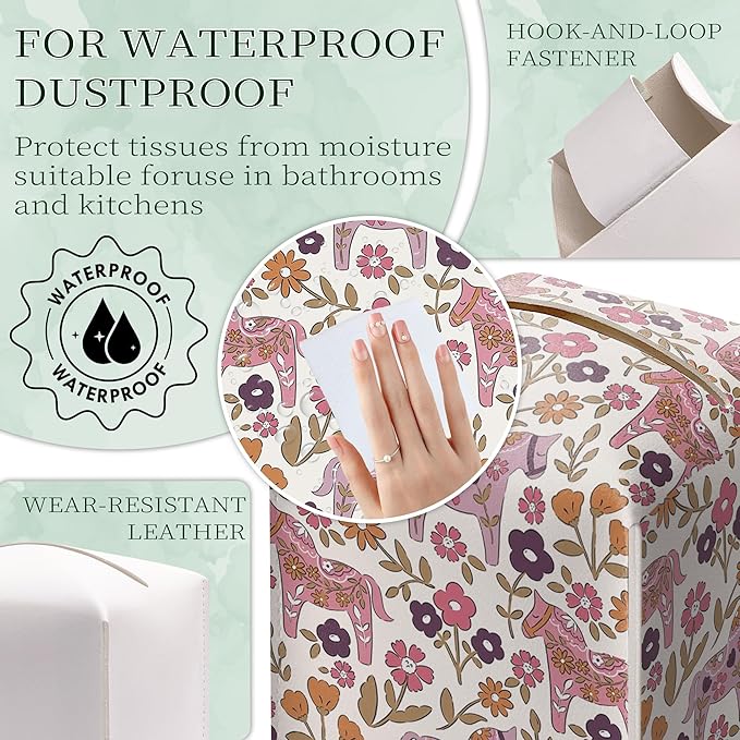 Pink Tissue Box Holder, Pink Floral Dala Horse Leather Tissue Box Cover Square, Paper Napkins Everyday Dispenser for Bathroom Vanity Countertop Night Stands Kitchen Office Home Decor