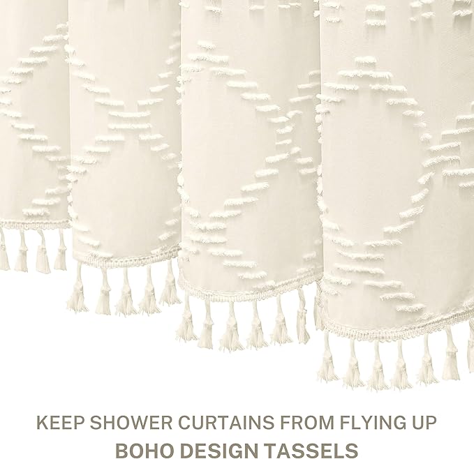 Siiluminisoy Extra Long Cream Boho Shower Curtain, 72 x 78 Tufted Chevron Textured Striped Modern Farmhouse Minimalist Woven Fabric for Bathroom