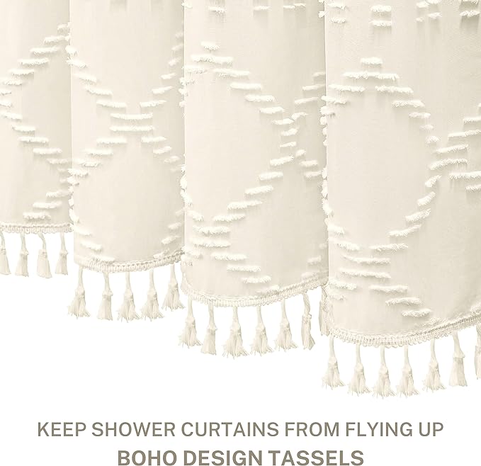Siiluminisoy Extra Long Cream Boho Shower Curtain - Woven Fabric, 72 x 84 Tufted Chevron Textured Striped Modern Farmhouse Minimalist Cloth Curtain for Bathroom