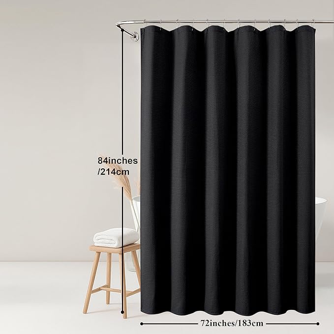 OWENIE Black Shower Curtain 84 Inches Extra Long, Waffle Weave Heavy Fabric Shower Curtain for Bathroom, Waterproof Soft Hotel Spa Luxury Elegant Bath Curtains, Machine Washable, Black, 72x84 Inch