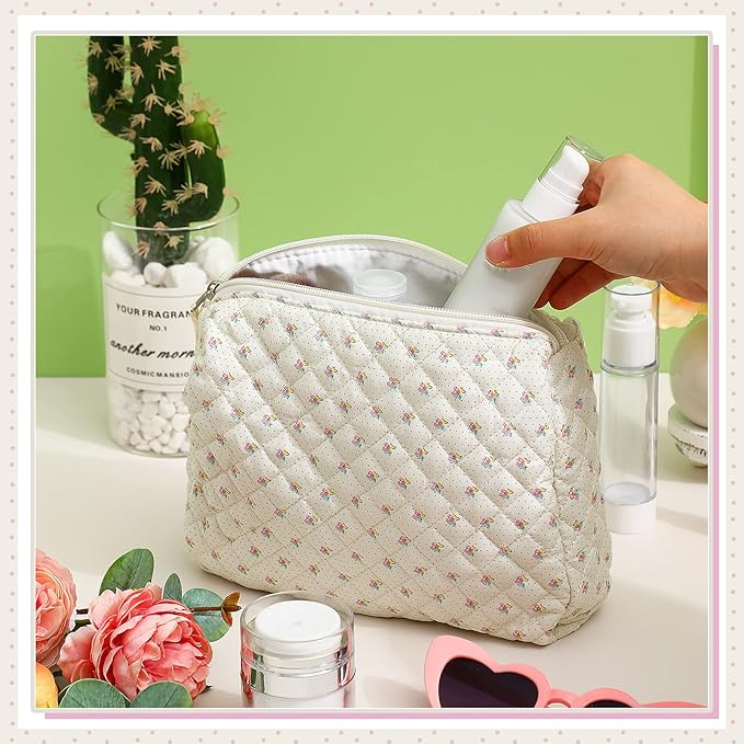 Paterr Makeup Bag Set 3 Pcs Large Quilted Cotton Make up Bags for Women Cosmetic Travel Toiletry Organizer Pouch Cute Aesthetic Storage Purse(White,Little Flower)