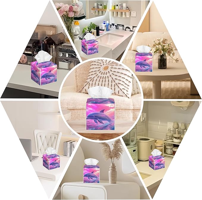 BLYKVGHQ Square Tissue Box Cover Dolphin Jumping Out of The Water Tissue Box Holder Facial Cube Paper Dispenser Leather Decorative Organizer Home Office Desk Decor, 5.2"x5.2"x5.2"