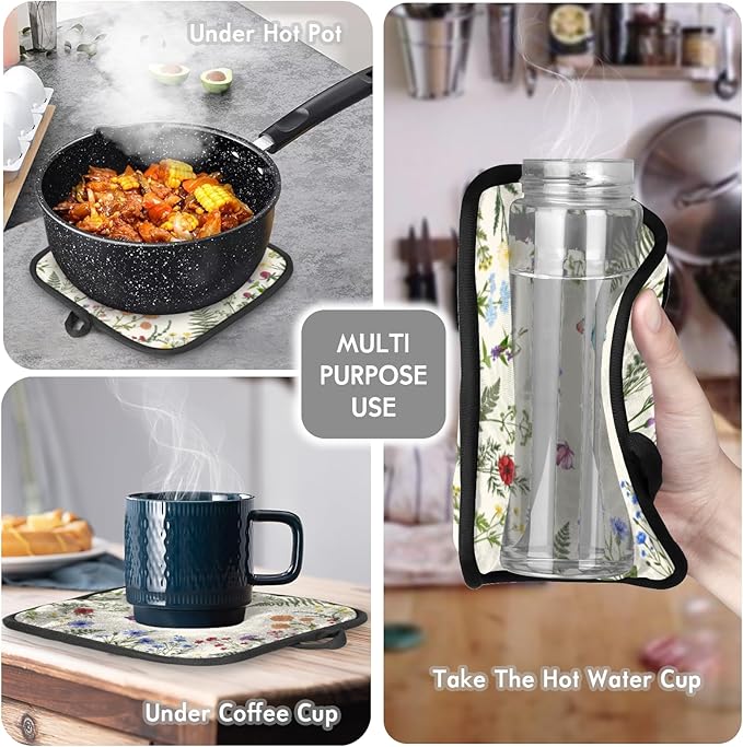 Floral Grass Oven Mitts and Pot Holders Sets 2Pcs - Heat Resistant Non Slip Long Spring Wildflower Kitchen Gloves Hot Pads for Cooking Baking Grilling Decoration