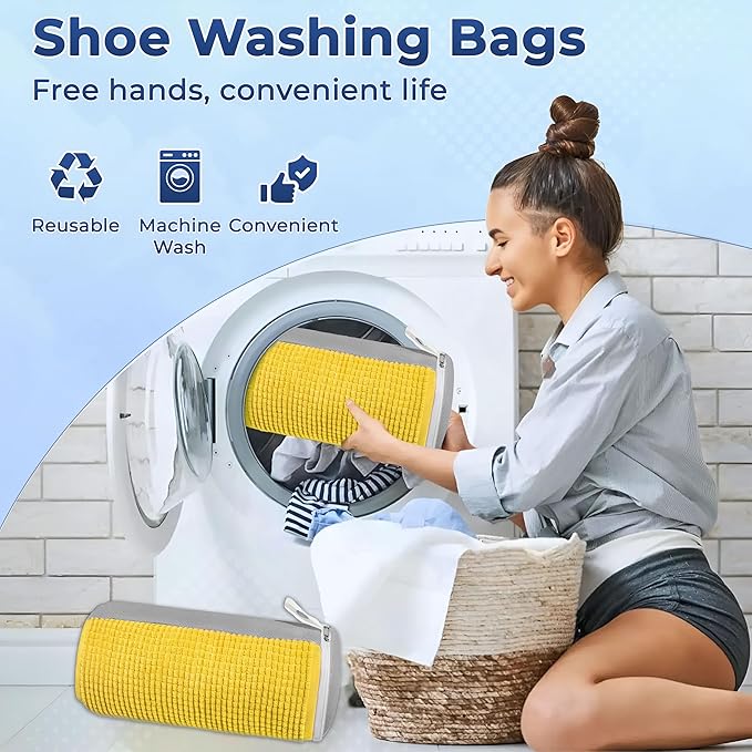 SR ESSENTIALS 2Pcs Shoe Washing Machine Bag with Insoles | Reusable Sneaker Laundry Bags for Machine Wash | Fluffy Fiber 360° Cleaning with Durable Zipper Closure (Yellow Grey & Trees)