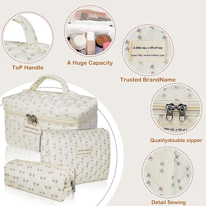 Gosect Quilted Makeup Bag, Large Floral Cosmetic Bag for Women, Cute Cotton Makeup Bag, Flower Travel Toiletry Organizer Bag (Flower)