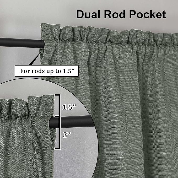 Lecloud Bessie Olive Green Kitchen Curtains 30 Inch Length 2 Pcs, Light Filtering Cafe Short Curtain Tiers, Dual Rod Pocket Window Treatments for Bedroom Basement Bathroom, Each 30 W x 30 L