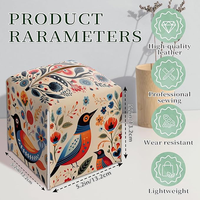 Scandinavian Tissue Box Holder, Floral Bird Leather Tissue Box Cover Square, Paper Napkins Everyday Dispenser for Bathroom Vanity Countertop Night Stands Kitchen Office Car Home Decor