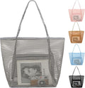 Fammart Mesh Beach Bag, Large Beach Tote with Zipper Pocket for Family Pool Bag for Toys & Vacation Essentials