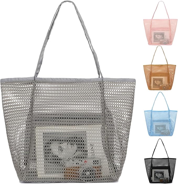 Fammart Mesh Beach Bag, Large Beach Tote with Zipper Pocket for Family Pool Bag for Toys & Vacation Essentials