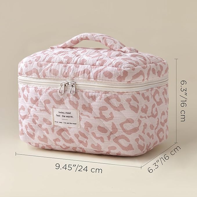 HBselect Christmas Gifts Large Quilted Makeup Bag, Cute Cotton Travel Makeup Bag with Handle, Portable Coquette Floral Make up Bags, Toiletry Organizer Make up Bags for Women Teen Girls Mom