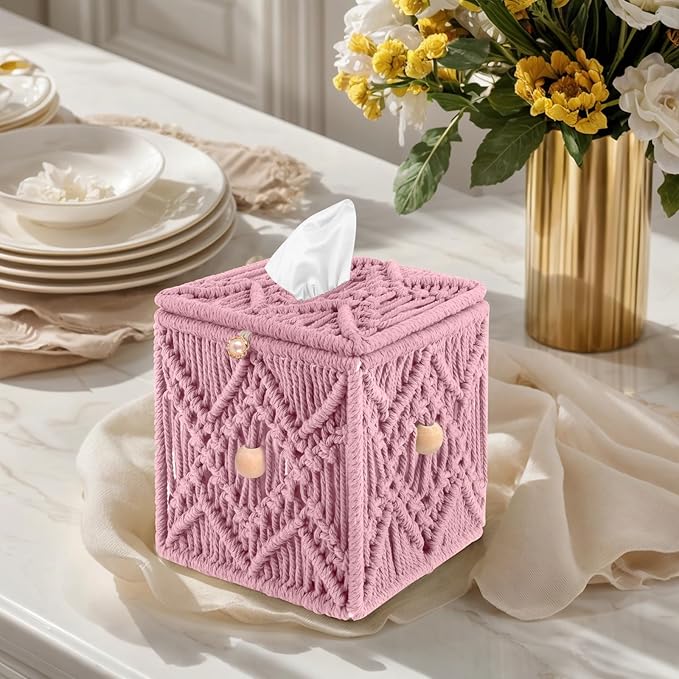 KaloKalo Handmade Tissue Box Cover Decorative Macrame Boho Square Tissue Holder Cotton Rope Woven Napkin Facial Paper Organizer Bohemian Desk Storage Container with Buckle Wood Beads (Pink)