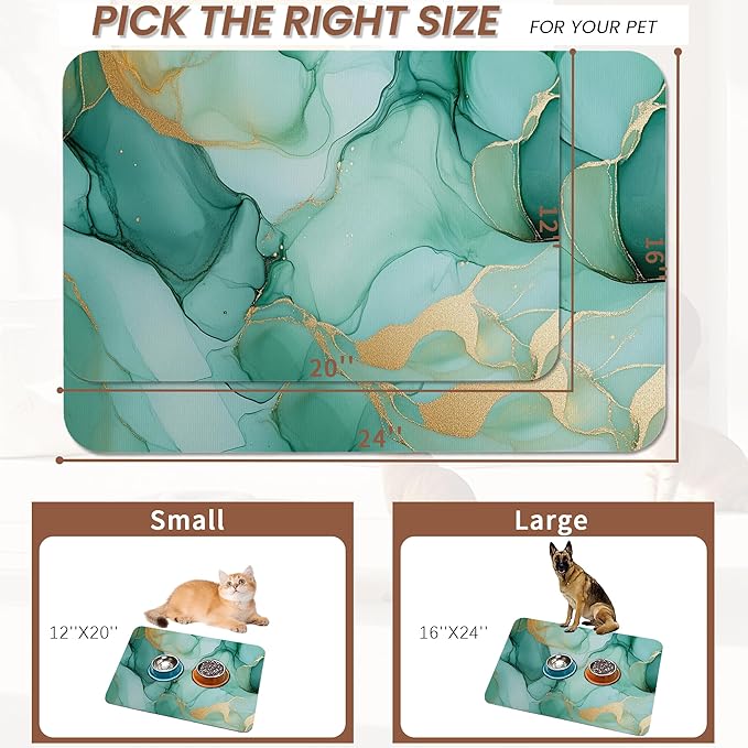 Marble Dog Food Mat for Floors,Green Gold Flowing Marble Absorbent Quick-Dry Pet Feeding Mat,Cat Dog Bowl Mats for Food and Water,Non-Slip Pet Accessories Supplies 12"x20"