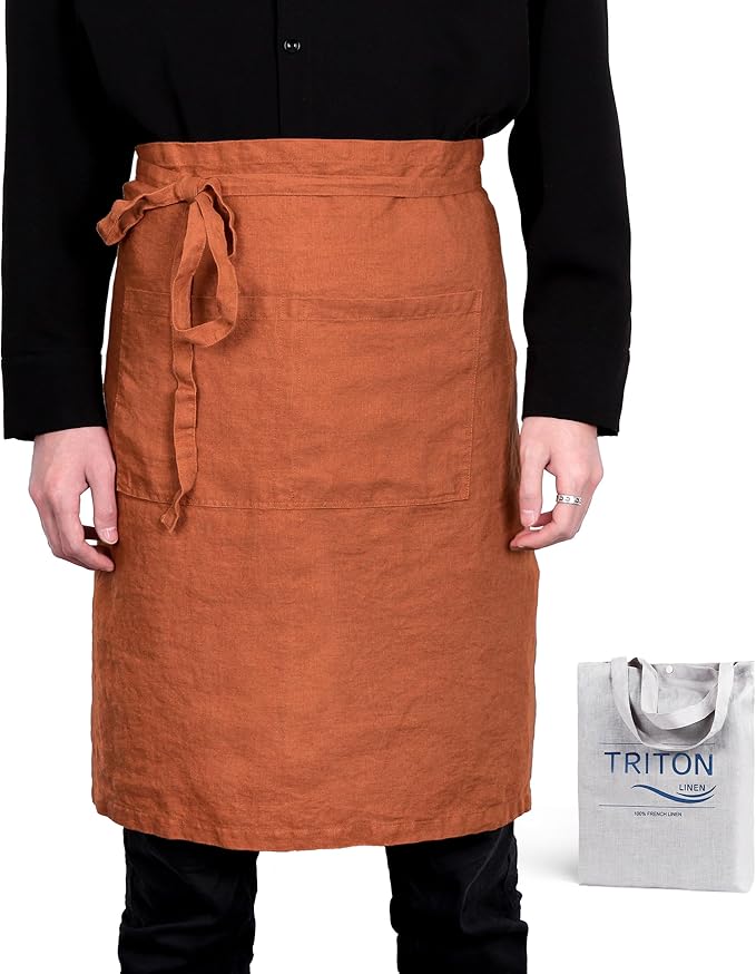Pure Linen Bistro Half Apron - 25 x 35 Inch Unisex Waist Aprons with Large Pocket Ideal for Kitchen Crafts and More