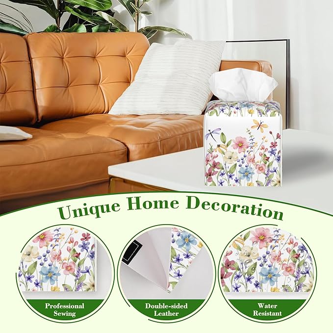 Watercolor Wildflowers Butterfly Dragonfly Tissue Box Cover Square Leather Tissue Holder Waterproof Facial Paper Organizer Dispenser Cube Paper Cover Case for Home Office Bathroom Vanity Countertop