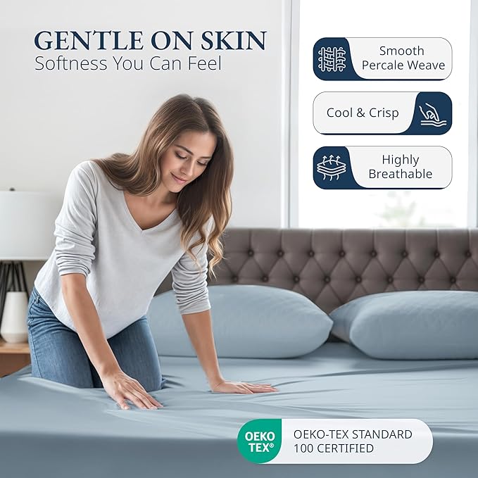 LANE LINEN Twin XL Fitted Sheet - 100% Organic Cotton 2 Pc Set (1 Fitted Sheet, 1 Pillowcase), Percale Weave, Lightweight, Soft, Breathable, Fits Mattress Upto 15" Deep - French Blue (No Flat Sheet)