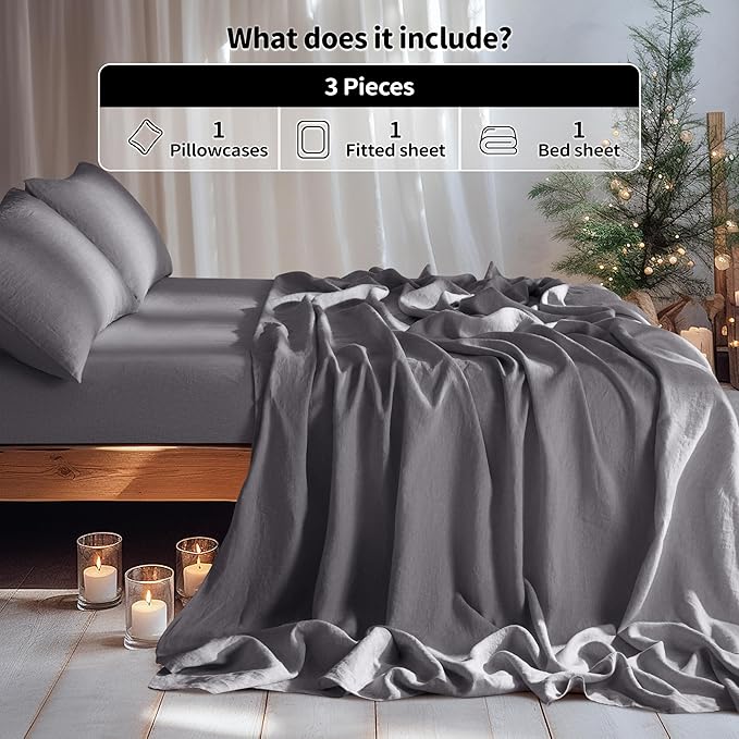 LBRO2M 100% Linen Sheet Set Twin Size,Bed Sheets 3 Piece Sets,Solid Color Natural Flax Bed Sheets Soft Breathable Bedding,16" Deep Pocket,All Season (Twin, Dark Grey)