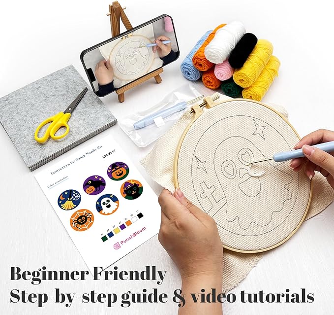 Halloween Punch Needl Kit for Adults Beginners, Easy Embroidery Punch Coaster Starter Set with Instruction – Fun Needle Point Craft for Table Decor & Festival DIY Gifts (6pcs Spooky)