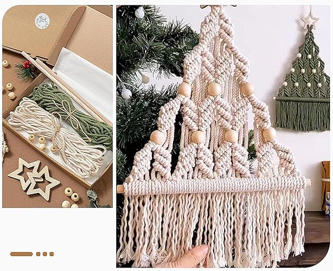2 Set DIY Macrame Christmas Tree Kit, 6 Set Christmas Tree Craft Starter Kit with Instructions Boho DIY Wall Hanging Art Decor Festive Activity Supplies for Beginners