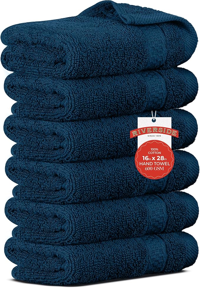 RIVERSIDE 6 Pack Premium Hand Towels Set, 16x28 inches, 100% Ring Spun Cotton, 600 GSM, Soft, Quick Dry and Highly Absorbent, Towels for Bathroom, Kitchen, Gym, Spa - Blue Opal