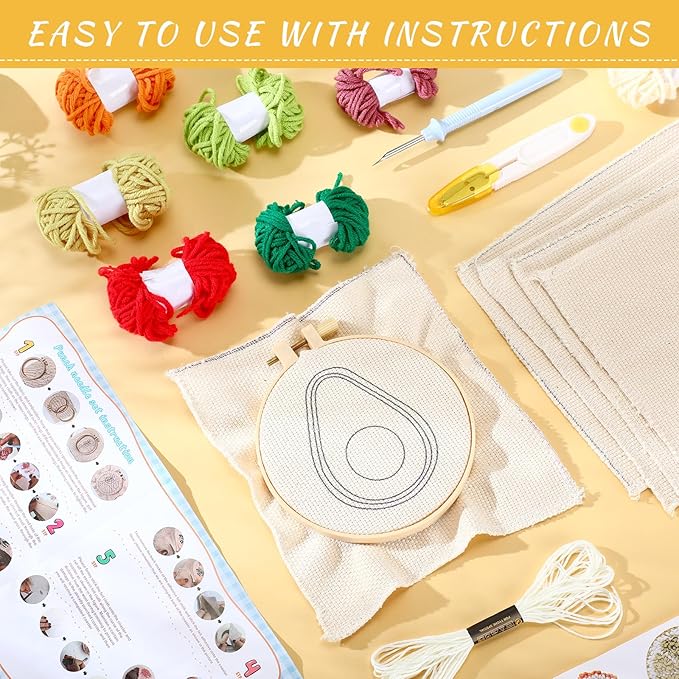 Yaomiao 6 Pcs Fruit Punch Needle Coaster Kit Punch Needle Embroidery Kits Craft Supplies with Patterns Yarns Tools Adhesive Felt Embroidery Hoop Instruction Holder for Adult DIY