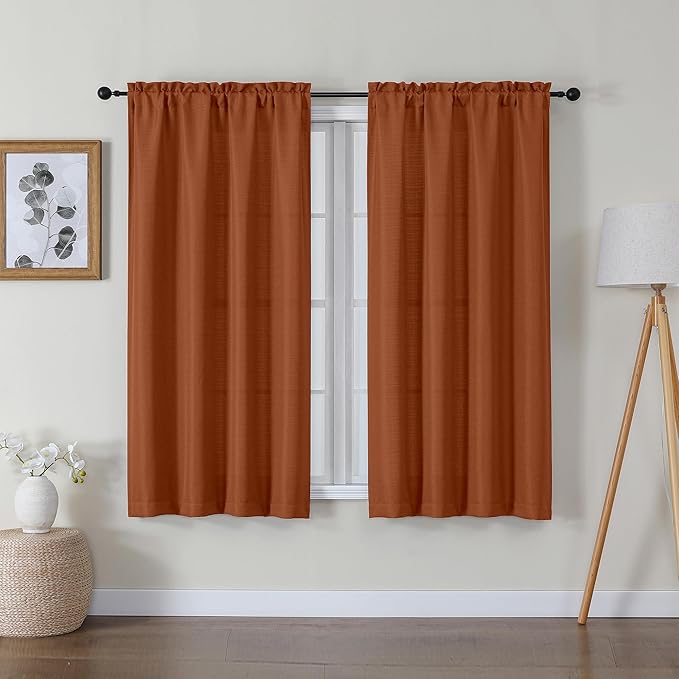 Lecloud Bessie Orange Curtains 54 Inch Length 2 Panels Set, Light Filtering Curtains Faux Linen Textured Drapes for Bedroom Living Room, Soft Airy Rod Pocket Window Treatments, Each 30 W x 54 L