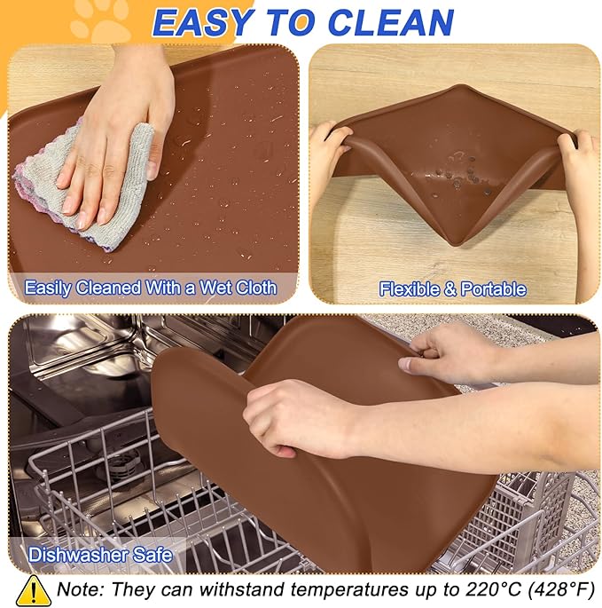 SMILOOL Silicone Pet Feeding Mat with Raised Edge for Food and Water, Dog Bowl Mats, Cat Bowls Placemat with High Lip for Floor Waterproof, Rubber Tray for Cats and Dogs 19 x 12 x0.7 Brown