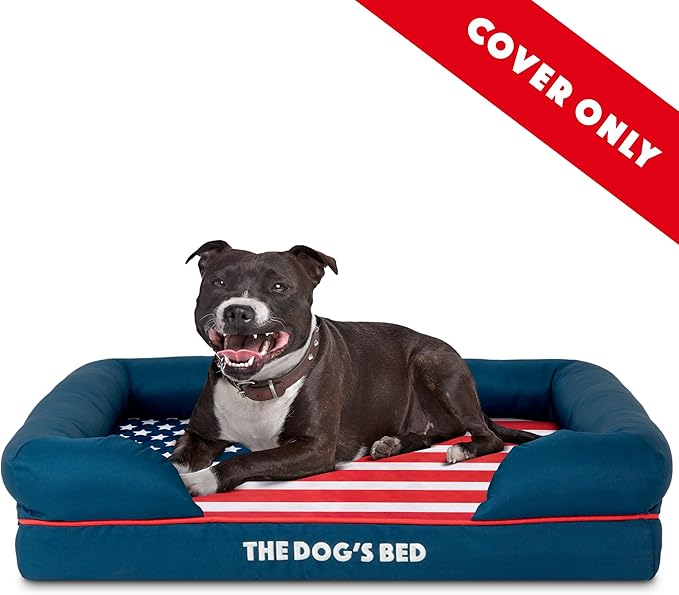 The Dog's Bed Replacement Outer Cover for The Dog's Bed Orthopedic Memory Foam Dog Bed. Washable Oxford Fabric, Medium (Blue with Red Piping USA Flag Embroidery & Centre Flag) Veterinary Approved