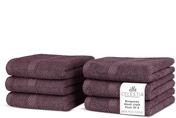 Villa Celestia 100% Cotton Wash Cloth for face & Body Set of 6, (12 x 12 inches) Sustainable, Soft, Highly Absorbent, Combed Cotton Wash Cloths Pack of 6 for Hotels, Spa, Bathroom, Dorm, Burgandy