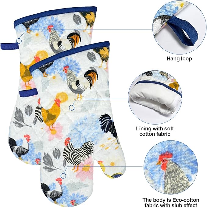 Oven Mitts and Pot Holders with Chef Apron,Set of 5 Heat Resistant Kitchen Gloves and Silicone Non-Slip Potholders Adjustable Neck Buckle Chef Apron, Cotton Nice Design for Cooking (Rooster)