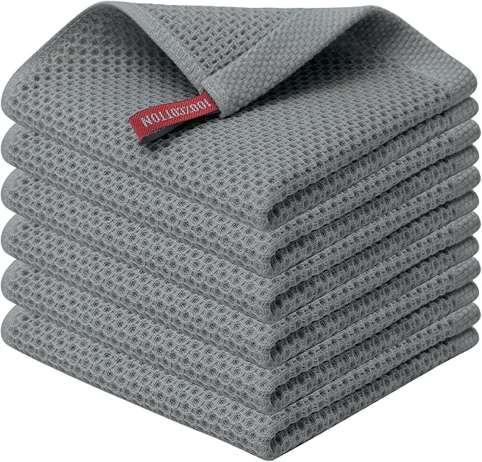 Kitinjoy 100% Cotton Kitchen Dish Cloths (12 X 12 Inches, Grey),6 Pack Waffle Weave Ultra Soft Absorbent Dish Towels for Drying Dishes Quick Drying Kitchen Towels Dish Rags