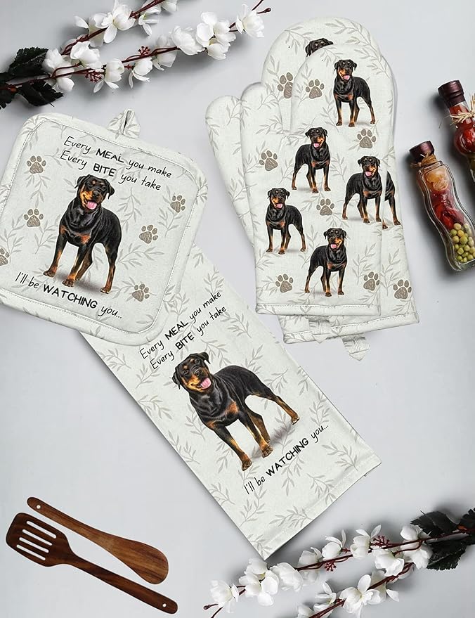 Rottweiler 3-Piece Kitchen Set -Oven Mitt, Pot Holder & Kitchen Towel Set, Heat Resistant up to 420 F, Soft Quilted Cotton for Cooking, Baking, BBQ, Pet Lover Gifts (Rottweiler)