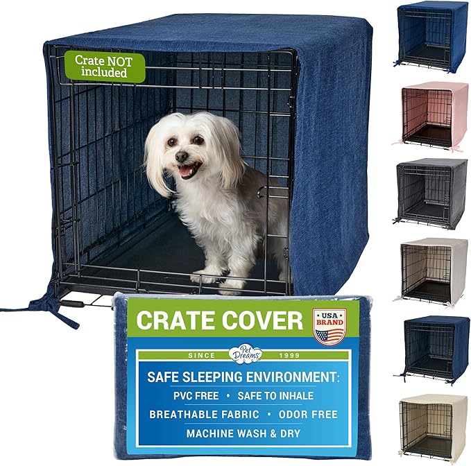 Pet Dreams Dog Crate Cover - Breathable Fabric Kennel Topper for Single-Door Crates, Fits iCrate Dog Cages 18, 24, 30, 36, 42, 48 Inches (Denim, Small, 24")